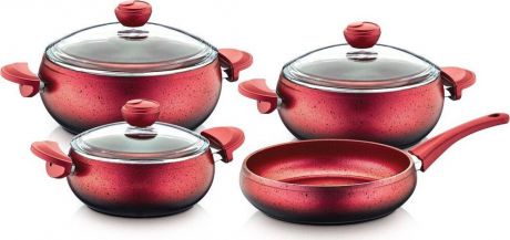Набор посуды для приготовления OMS, 3017-R, красный, с антипригарным покрытием, с крышками, 7 предметов