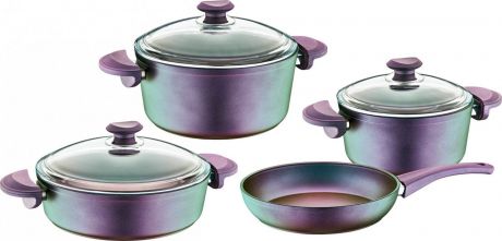 Набор посуды для приготовления OMS, 3016-V, фиолетовый, с антипригарным покрытием, с крышками, 7 предметов