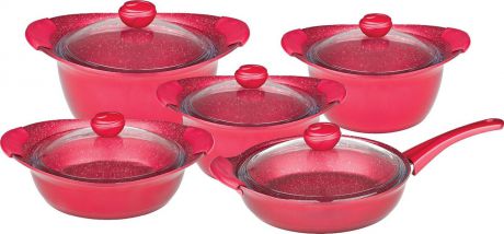 Набор посуды для приготовления OMS, 3014.01.11-R, красный, с антипригарным покрытием, с крышками, 10 предметов