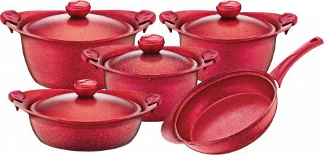Набор посуды для приготовления OMS, 3012.06.11-R, красный, с антипригарным покрытием, с крышками, 9 предметов