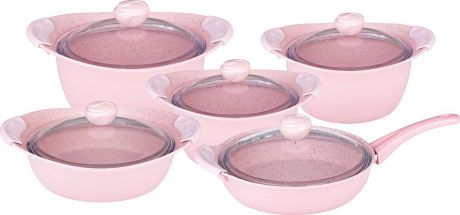 Набор посуды для приготовления OMS, 3014.01.11-Pin, розовый, с антипригарным покрытием, с крышками, 10 предметов