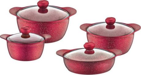 Набор посуды для приготовления OMS, 3006.01.11-R, красный, с антипригарным покрытием, с крышками, 8 предметов