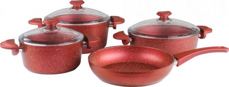 Набор посуды для приготовления OMS, 3005.01.02-R, красный, с антипригарным покрытием, с крышками, 7 предметов
