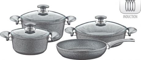 Набор посуды для приготовления OMS, 3005.01.02-Gr-IND, серый, с антипригарным покрытием, с крышками, 7 предметов