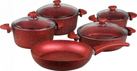 Набор посуды для приготовления OMS, 3002.01.02-R, красный, с антипригарным покрытием, с крышками, 9 предметов
