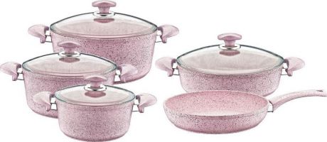 Набор посуды для приготовления OMS, 3002.01.02-Pin, розовый, с антипригарным покрытием, с крышками, 9 предметов