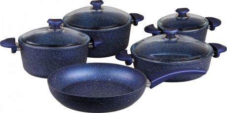 Набор посуды для приготовления OMS, 3002.01.02-DB, синий, с антипригарным покрытием, с крышками, 9 предметов
