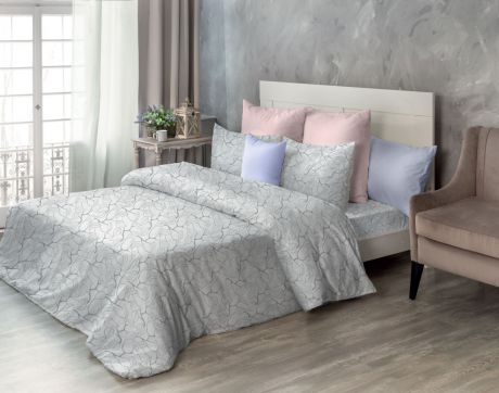 Комплект постельного белья Самойловский текстиль Набивной, 2-спальный, наволочки 50x70, светло-серый, серебристый