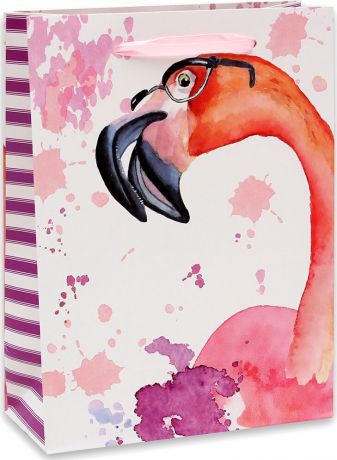 Пакет подарочный Dream Cards "Любопытный фламинго", разноцветный, 32,7 х 26,4 х 13,6 см