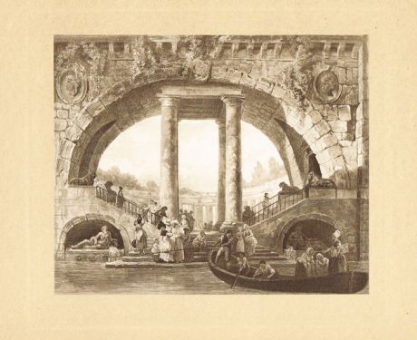 Прибытие рыбаков (L`arrivee des Pecheurs). Юбер Робер (1733-1808). Антикварная репродукция, ограниченный тираж. Франция, Goupil, 1910 год