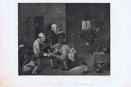 Гравюра. Парикмахерская. Офорт. Германия, Дрезден и Лейпциг, 1850 год
