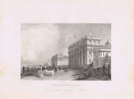 Гравюра. Гринвичский госпиталь. Лондон, Англия. Офорт. Англия, Лондон, 1836 год