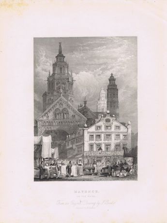 Гравюра. Город Майнц на реке Рейн. Германия. Офорт. Англия, Лондон, 1836 год