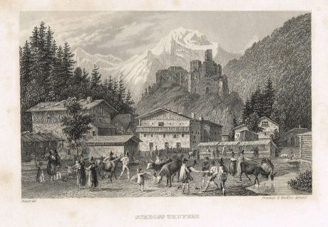 Гравюра Замок Тауферс (Южный Тироль). офорт. Германия 1830-1840 гг