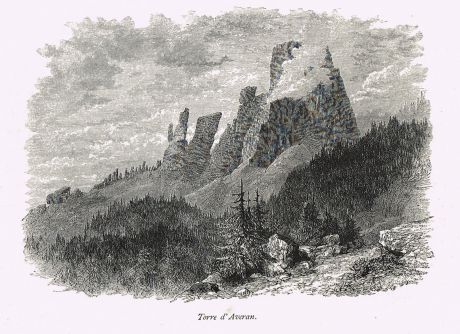Гравюра Башня Аверан. офорт. Великобритания 1870-1880 гг