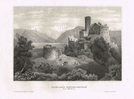 Гравюра Замок Хохэппан рядом с Боценом. офорт. Германия 1830-1840 гг