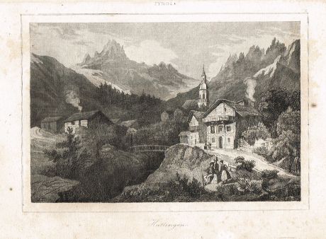 Гравюра Хаттинген Тироль. офорт. Германия 1830-1840 гг