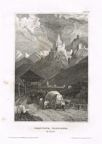 Гравюра Вид на Тростберг Тироль. офорт. Германия 1836 год