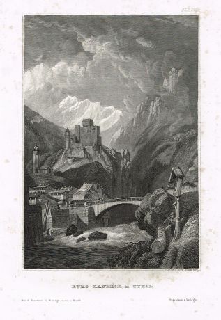 Гравюра Замок Ландек в Тироле. офорт. Германия 1830-1840 гг