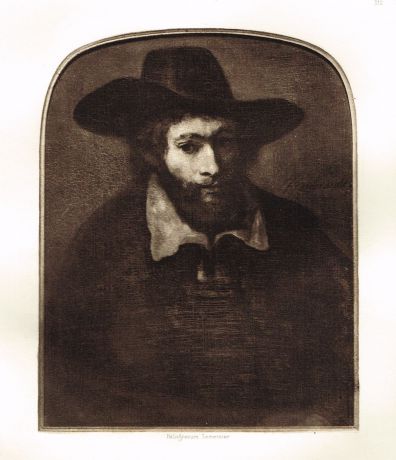 Гравюра Портрет мужчины с черной бородой в высокой шляпе с широкими полями. Рембрандт Харменс ван Рейн. Гелиогравюра 1900 год
