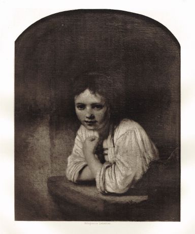 Гравюра Портрет юной девушки в белой рубашке выглядывающей из окна. Рембрандт Харменс ван Рейн. Гелиогравюра 1900 год