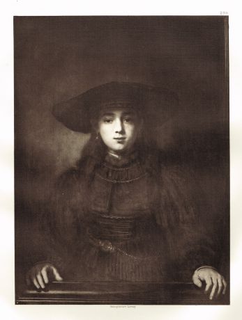 Гравюра Портрет девушки в широкополой шляпе опирающейся на подоконник. Рембрандт Харменс ван Рейн. Гелиогравюра 1900 год