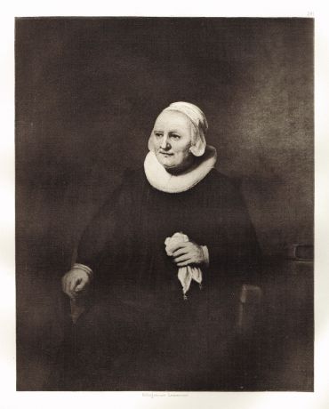 Гравюра Портрет пожилой женщины сидящей в кресле. Рембрандт Харменс ван Рейн. Гелиогравюра 1900 год