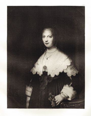 Гравюра Портрет молодой женщины у балюстрады с веером в руке. Рембрандт Харменс ван Рейн. Гелиогравюра 1900 год