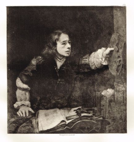 Гравюра Портрет молодого мужчины у письменного стола. Рембрандт Харменс ван Рейн. Гелиогравюра 1900 год