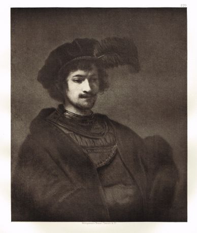 Гравюра Портрет молодого человека в стальном горжете и в берете с голубым пером. Рембрандт Харменс ван Рейн. Гелиогравюра 1900 год