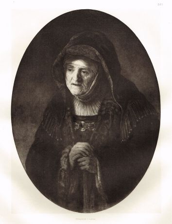 Гравюра Портрет матери художника опирающейся на трость. Рембрандт Харменс ван Рейн. Гелиогравюра 1900 год