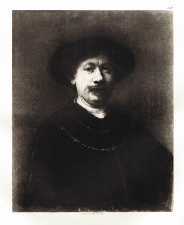 Гравюра Рембрандт Харменс ван Рейн. Автопортрет с короткими волосами в широком берете. Гелиогравюра 1900 год