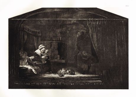 Гравюра Святое семейство с занавесом. Рембрандт Харменс ван Рейн. Гелиогравюра 1900 год