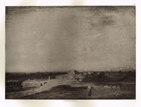 Гравюра Голландский пейзаж. Рембрандт Харменс ван Рейн. Гелиогравюра 1900 год