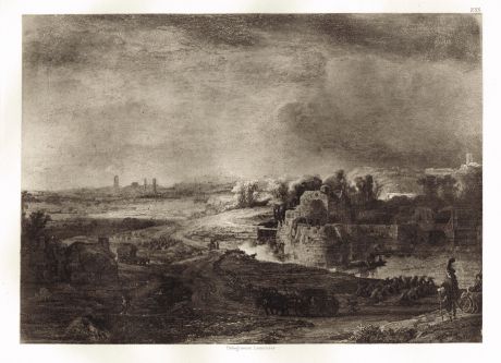 Гравюра Пейзаж с крепостью. Рембрандт Харменс ван Рейн. Гелиогравюра 1900 год