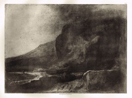 Гравюра Пустынная горная долина. Рембрандт Харменс ван Рейн. Гелиогравюра 1900 год