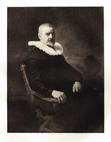 Гравюра Портрет пожилого мужчины сидящего в кресле. Рембрандт Харменс ван Рейн. Гелиогравюра 1899 год