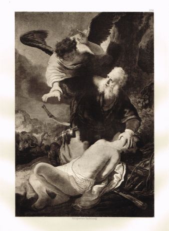Гравюра Жертвоприношение Авраама. Рембрандт Харменс ван Рейн. Гелиогравюра 1899 год
