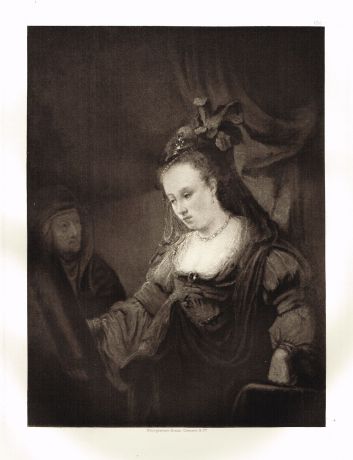 Гравюра Портрет молодой женщины за туалетом. Рембрандт Харменс ван Рейн. Гелиогравюра 1899 год