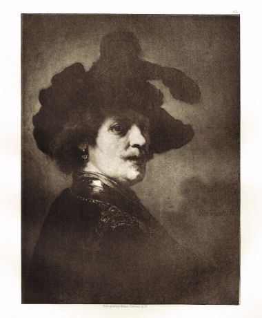 Гравюра Рембрандт Харменс ван Рейн. Автопортрет в шляпе с пером и патронташем. Гелиогравюра 1899 год