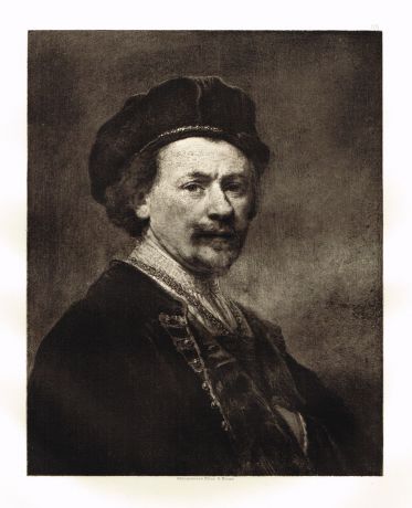 Гравюра Рембрандт Харменс ван Рейн. Автопортрет с короткими волосами в берете и польском камзоле. Гелиогравюра 1899 год