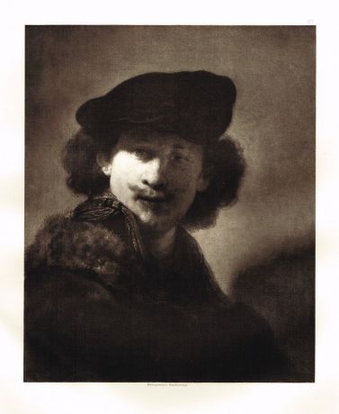 Гравюра Рембрандт Харменс ван Рейн. Автопортрет в берете и полосатом платке. Гелиогравюра 1899 год