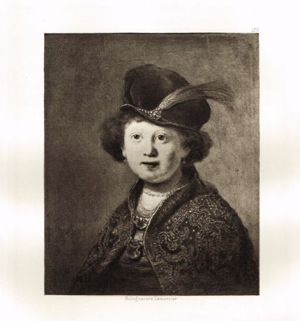 Гравюра Портрет юноши в парчовом плаще и жемчужном ожерелье. Рембрандт Харменс ван Рейн. Гелиогравюра 1899 год