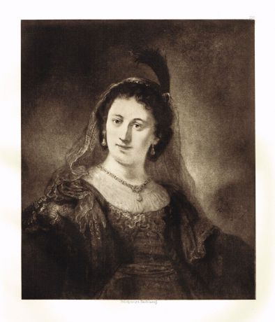 Гравюра Портрет Саскии с черным пером в волосах. Рембрандт Харменс ван Рейн. Гелиогравюра 1899 год