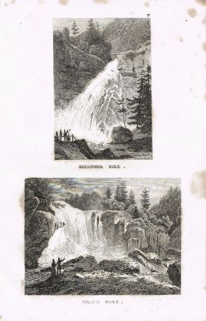 Гравюра Водопад Голлингер и водопад Траун Тироль. офорт. Германия 1830-1840 гг