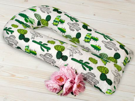 Наволочка для подушки для беременных AmaroBaby Кактусы, U-образная, AMARO-50U-K, белый, зеленый, 340х35 см