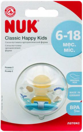 Пустышка NUK Happy Kids, латексная, от 6 месяцев, 10733765-Голубой