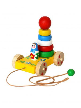 Игрушка-каталка Климо "Пирамида" деревянная ручной работы красный, желтый, белый, голубой