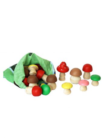 Игровой набор Климо Набор грибов (мешочек с деревянными игрушками ручной работы) красный, бежевый, зеленый