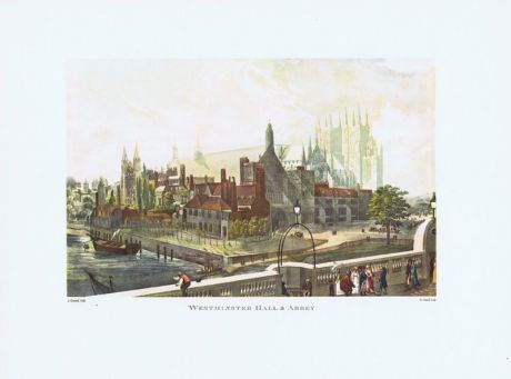 Гравюра Ariel P Лондон, Англия. Вестминстерский дворец (Вестминстер-холл) и аббатство. Офсетная литография. Англия, Лондон, 1968 год